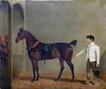 John Frederick Herring - Bilder Gemälde - A Harnessed Carriage Horse, with a Groom, in a Stable