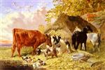 John Frederick Herring  - Bilder Gemälde - Horses Cows Ducks and a Goat By a Farmhouse
