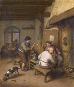 Adriaen van Ostade  - Bilder Gemälde - Three Peasants in a Tavern, round a Fire