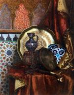 Bild:A Tambourine, Knife, Moroccan Tile and Plate on Satin covered Table