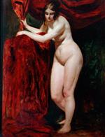 William Etty  - Bilder Gemälde - Nude Woman, Holding Red Drapery