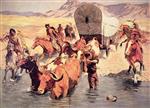 Bild:Indians attacking a pioneer wagon train