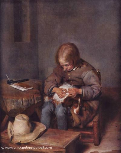 Boy Ridding his Dog of Fleas