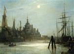 Johan Barthold Jongkind  - Bilder Gemälde - Le Hoofdpoort a Rotterdam, Effet de Lune