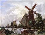Johan Barthold Jongkind  - Bilder Gemälde - Windmills by a Canal, Holland
