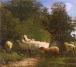 Bild:Sheep Grazing along a Hedgerow