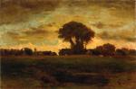 George Inness  - Peintures - Coucher de soleil sur une prairie