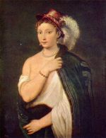 Titien  - Peintures - Portrait d'une jeune femme avec chapeau à plumes
