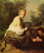 Rembrandt  - Bilder Gemälde - Junge Frau welche eine Alte die Fussnägel schneidet 