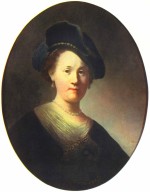 Rembrandt  - Peintures - Portrait d'une jeune femme avec chapeau serti de perles (ovale)