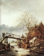 Isaac van Ostade - Peintures - Auberge au bord d´une rivière gelée