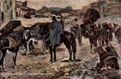 Dorfstrasse mit Bauern  Maultieren und Haendlern