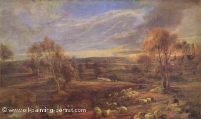 Abendliche Landschaft mit Schaefer und Herde