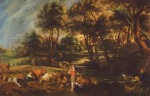 Pierre Paul Rubens  - Peintures - Paysage avec vaches et chasseurs de canards