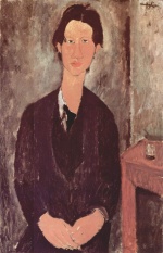 Amadeo Modigliani - Bilder Gemälde - Portrait des Chaiim Soutine an einem Tisch sitzend