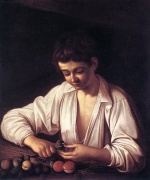 Michelangelo Caravaggio - Peintures - Garçon pelant des fruits