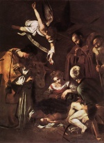 Michelangelo Caravaggio - paintings - Geburt Christi mit Heiligem Lorenz und Heiligem Franziskus