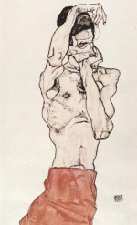 Egon Schiele  - Peintures - Nu masculin avec un tissu rouge