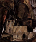 Egon Schiele  - Peintures - Mur et maison avec paysage vallonné et clôture