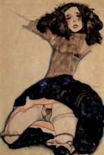 Egon Schiele  - Peintures - Jeune femme aux cheveux noirs avec la jupe retroussée
