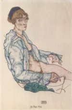 Egon Schiele  - Peintures - Femme assise avec bandeau bleu dans les cheveux