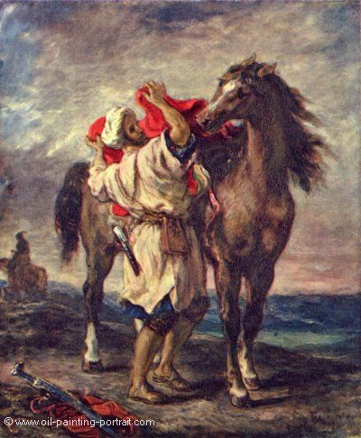 A Moroccan Saddling A Horse