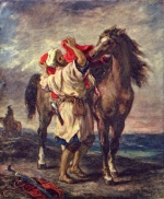 Eugene Delacroix - Bilder Gemälde - Marokkaner beim Satteln seines Pferdes