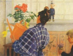 Carl Larsson  - Peintures - Karin arrosant les fleurs et Esbjörn