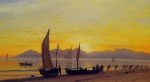 Albert Bierstadt - Peintures - Bateaux à terre au coucher du soleil