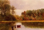 Albert Bierstadt - Peintures - Vaches, ruisseau et paysage 