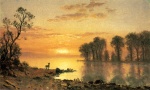 Albert Bierstadt  - Peintures - Lever de soleil,  cerf et rivière