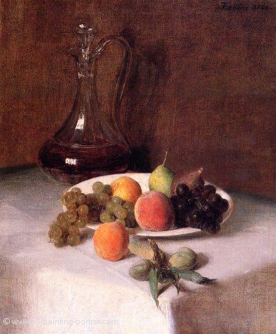 A Carafe of Wine and Fruit on a White Tablecloth