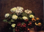 Henri Fantin Latour  - Bilder Gemälde - Hydrangias Cloves and Two Pots of Pansies