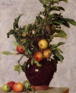 Henri Fantin Latour  - Peintures - Vase aux pommes et feuillage