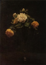 Henri Fantin Latour  - Bilder Gemälde - White and Yellow Roses in a tall Vase