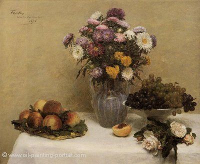 White Roses Chrysanthemums in a Vase Peaches and Grapes on a Table with a white Tablecloath