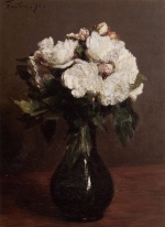 Henri Fantin Latour  - Peintures - Roses blanches dans un vase vert