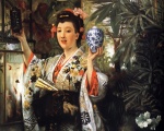 James Jacques Joseph Tissot  - Peintures - Jeune femme tenant des objets d´art japonais
