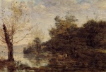 Jean Baptiste Camille Corot - Peintures - Troupeau de vaches au borde de l´eau 