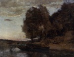 Jean Baptiste Camille Corot - Peintures - Pêcheur en barque dans paysage boisé