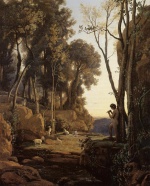 Jean Baptiste Camille Corot  - Peintures - Paysage au coucher du soleil (le petit pâtre)