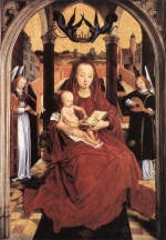 Hans Memling - Bilder Gemälde - Virgin and Child Enthroned with two Musical Angels