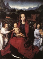 Hans Memling - Bilder Gemälde - Virgin and Child in a Rose Garden with Two Angels