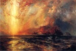 Thomas Moran - Peintures - Le soleil rouge a incendié les cieux dans sa descente