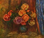 Pierre Auguste Renoir  - Peintures - Nature morte avec roses devant un rideau bleu