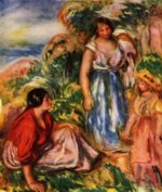 Pierre Auguste Renoir  - Peintures - Deux femmes avec une  jeune fille dans un paysage
