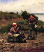Daniel Ridgway Knight - Bilder Gemälde - A Discussion Between Two Young Ladies