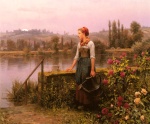Daniel Ridgway Knight - Bilder Gemälde - A Women with a Watering Can by the River