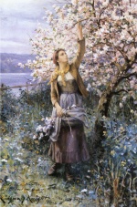 Daniel Ridgway Knight - Peintures - Cueillette des fleurs de pommiers