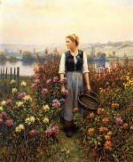 Daniel Ridgway Knight - Peintures - Jeune fille avec panier dans un jardin